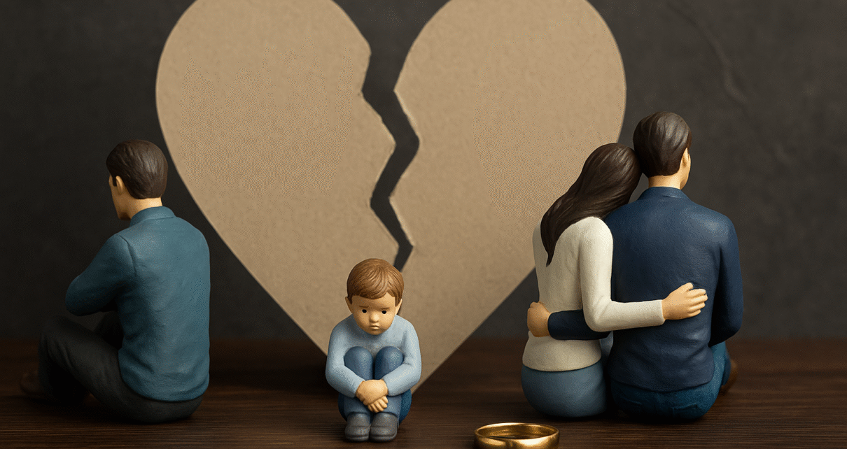 An emotional representation of a broken family caused by infidelity, showing a sad child between separated parents symbolizing the pain of betrayal and divorce