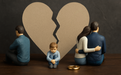 An emotional representation of a broken family caused by infidelity, showing a sad child between separated parents symbolizing the pain of betrayal and divorce